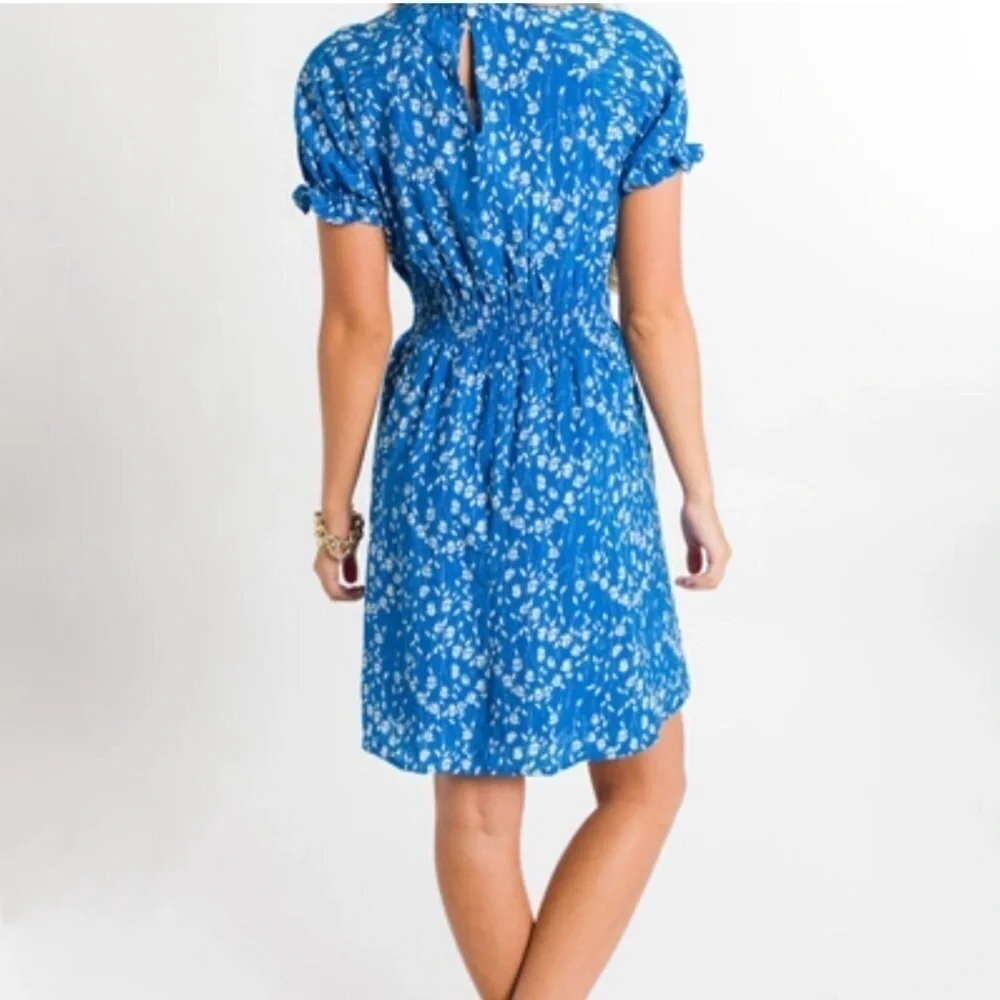 Hayden Blue Floral Smocked Neck Mini Dress Short Sleeve
